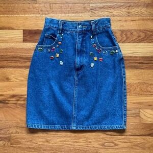 Vintage 90s High Rise Denim Gem Skirt Size XS  3 Preppy Grunge Boho Uptown Girl